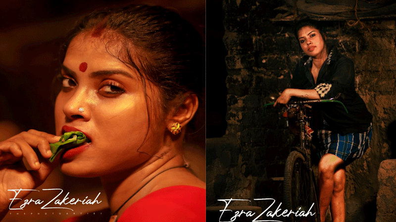 Stem tight red lips;  Lungi folds and looks like a giant on a bicycle;  Diya Sana's Photoshoot Goes Viral With Body Politics