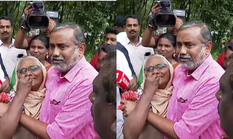 Don't let them down;  An elderly woman holding the minister's leg, the minister with tears in her eyes;  Minister P Prasad said that he fully supports the struggle against Nooranad soil mining