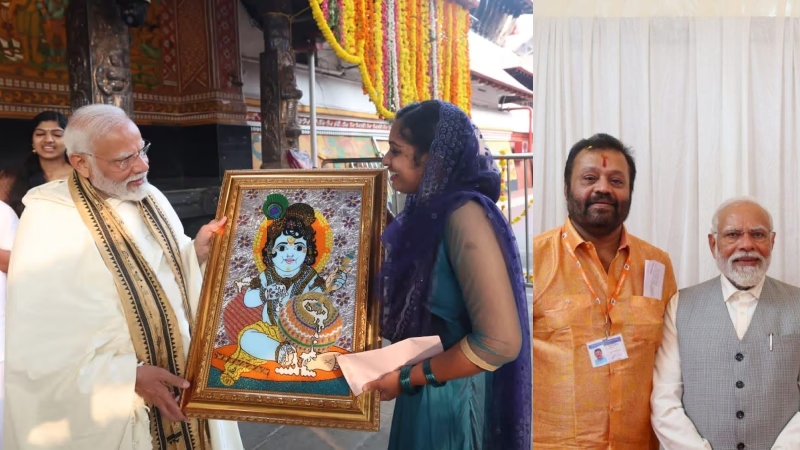 Fulfilled his wish despite the busyness of his daughter's wedding!  Jasna handed over the picture of Lord Krishna to Prime Minister Narendra Modi.  Thanks Kannan and Suresh Gopi!