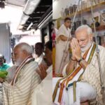 Prime Minister weighed down with lotus buds.  He spent about an hour in the Guruvayur temple and dedicated the sculpture to Guruvayurappan.