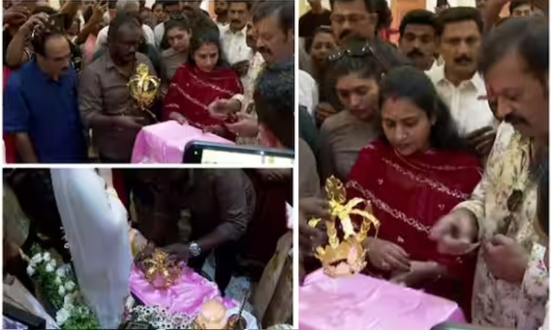 Suresh Gopi presented the gold crown to Thrissur Lourdes Church Mother;  Came as a family and put the crown on the mother's head and prayed