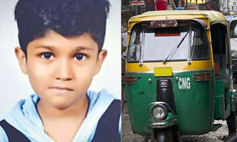 While traveling in an auto with his mother, the first grader stuck his head out;  The boy met a tragic end by hitting his head on an electric post, and lost his only son