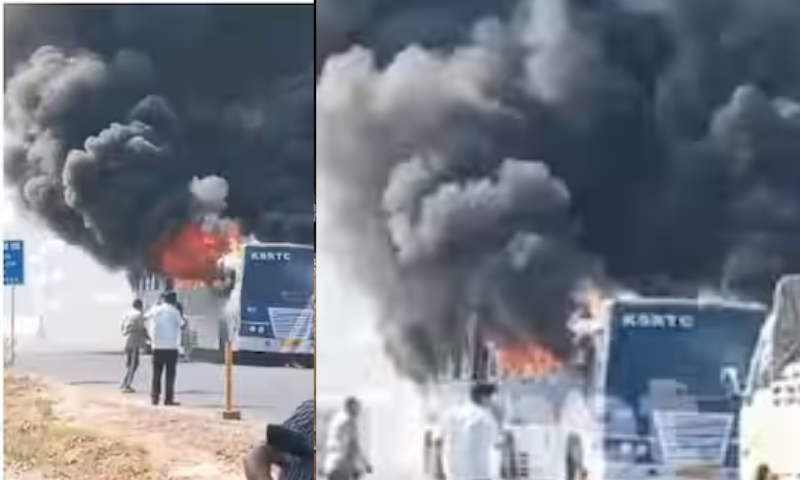 A running KSRTC bus caught fire;  Completely burnt